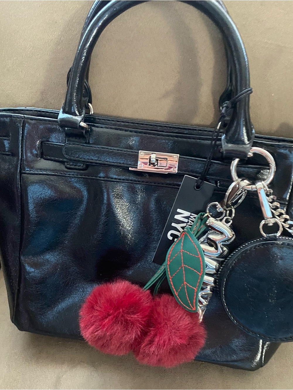 Black Patent Crossbody Tote with Red Pom Pom Charm